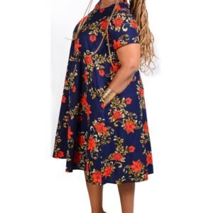 Swahili Flare Dress - Kitenge Navy Blue Floral A-Line Dress with Red and Gold Accents