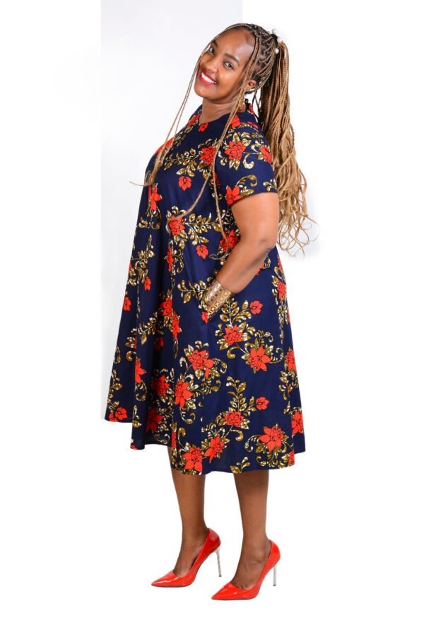 Swahili Flare Dress - Kitenge Navy Blue Floral A-Line Dress with Red and Gold Accents